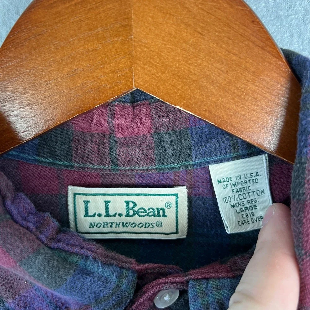VTG LL Bean Northwoods Flannel Shirt Mens L Red Tartan Plaid Cotton 1990s USA‎